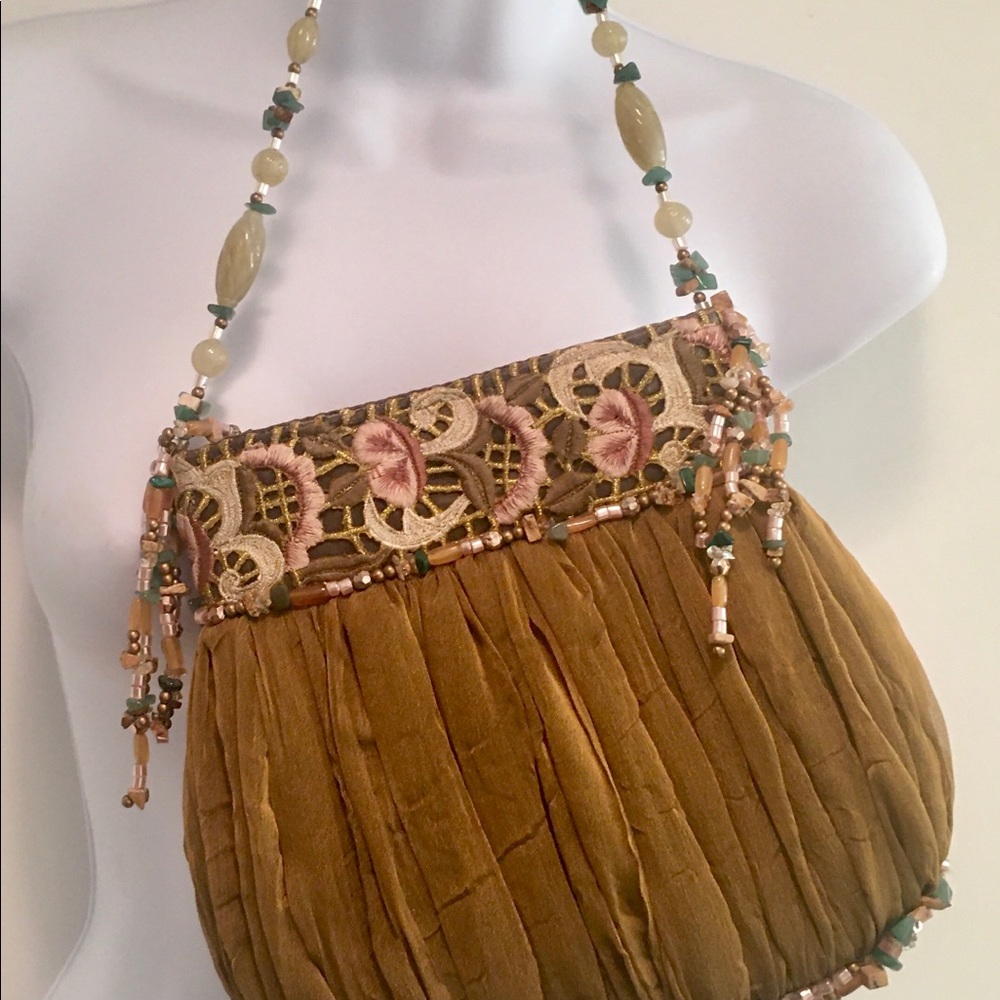Beaded +  w/ multi green beige caramel beads bag - Picture 3 of 4